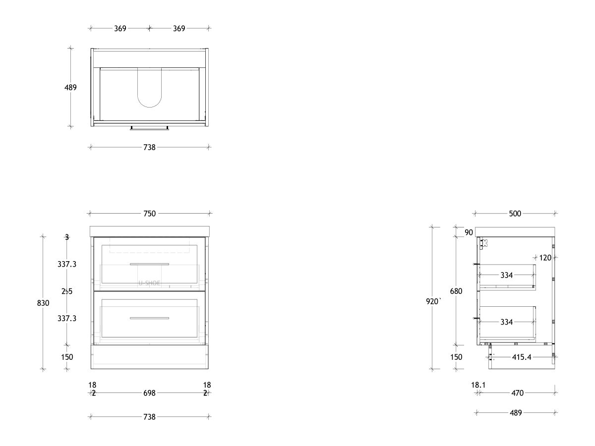 Kado Lux Drawer Vanity Unit Floor Mount 750 Centre Bowl Statement Top 2 Drawers (No Basin)