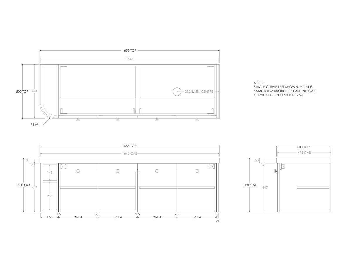 Kado Era 50mm Durasein Statement Top Single Curve All Door 1650mm Wall Hung Vanity with Right Hand Basin