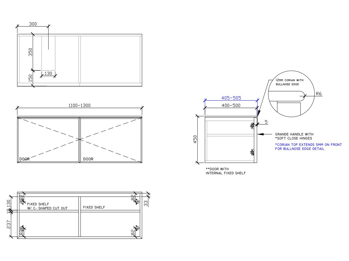 ISSY Adorn Above Counter / Semi Inset Wall Hung Vanity Unit with Two Doors & Internal Shelf with Grande Handle 1101-1300mm x 400-500mm x 450mm OFFSET LEFT (OPENS BOTH SIDES)