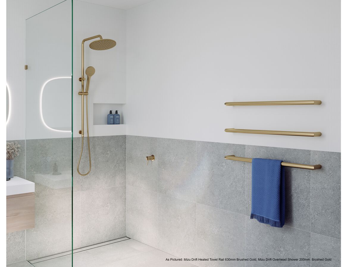 Mizu Drift Heated Towel Rail 630mm Brushed Gold, Mizu Drift Overhead Shower 200mm  Brushed Gold