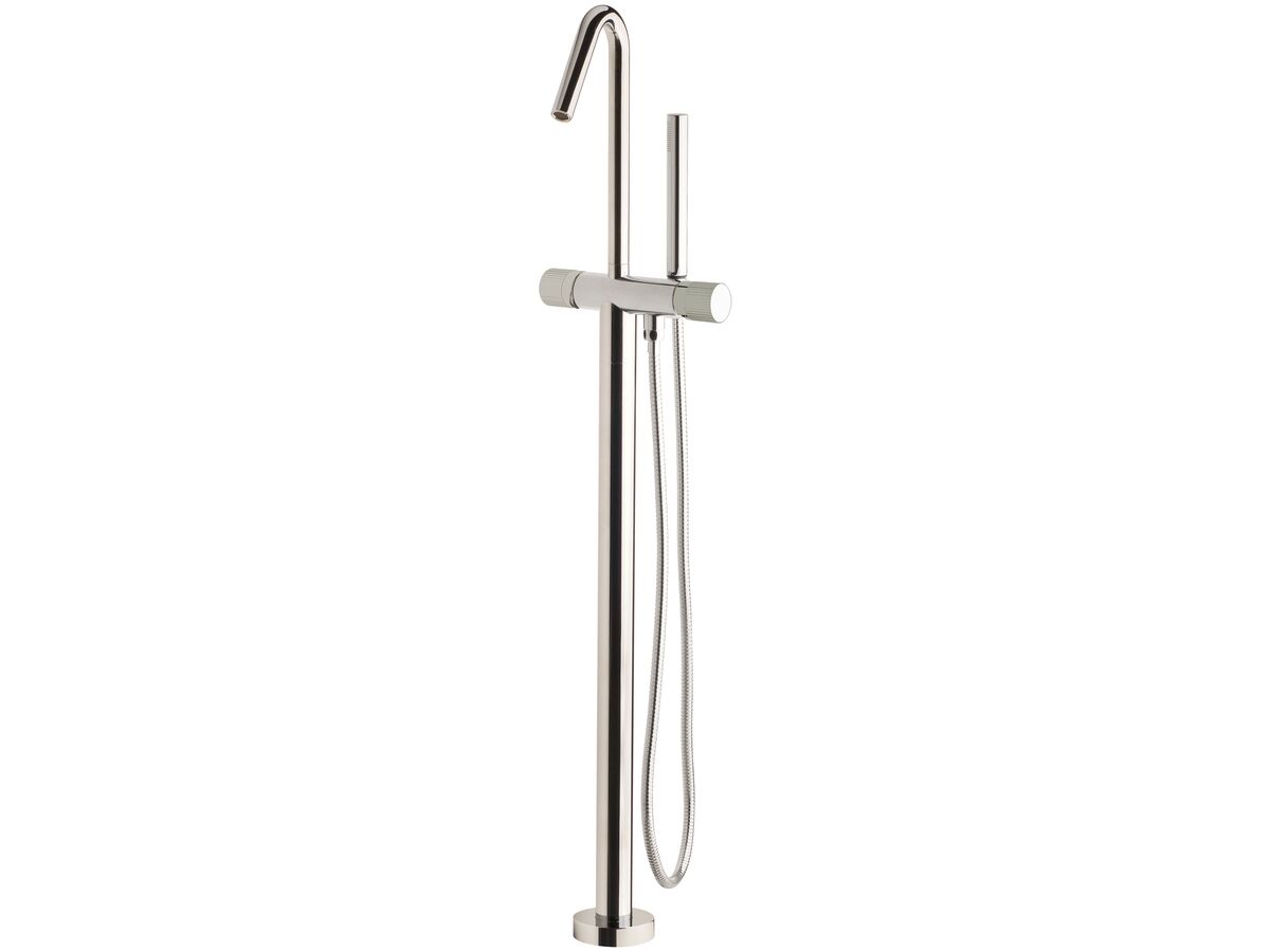 Milli Pure Floor Mounted Bath Mixer Tap with Handshower and Linear Textured Handle Chrome (3 Star)