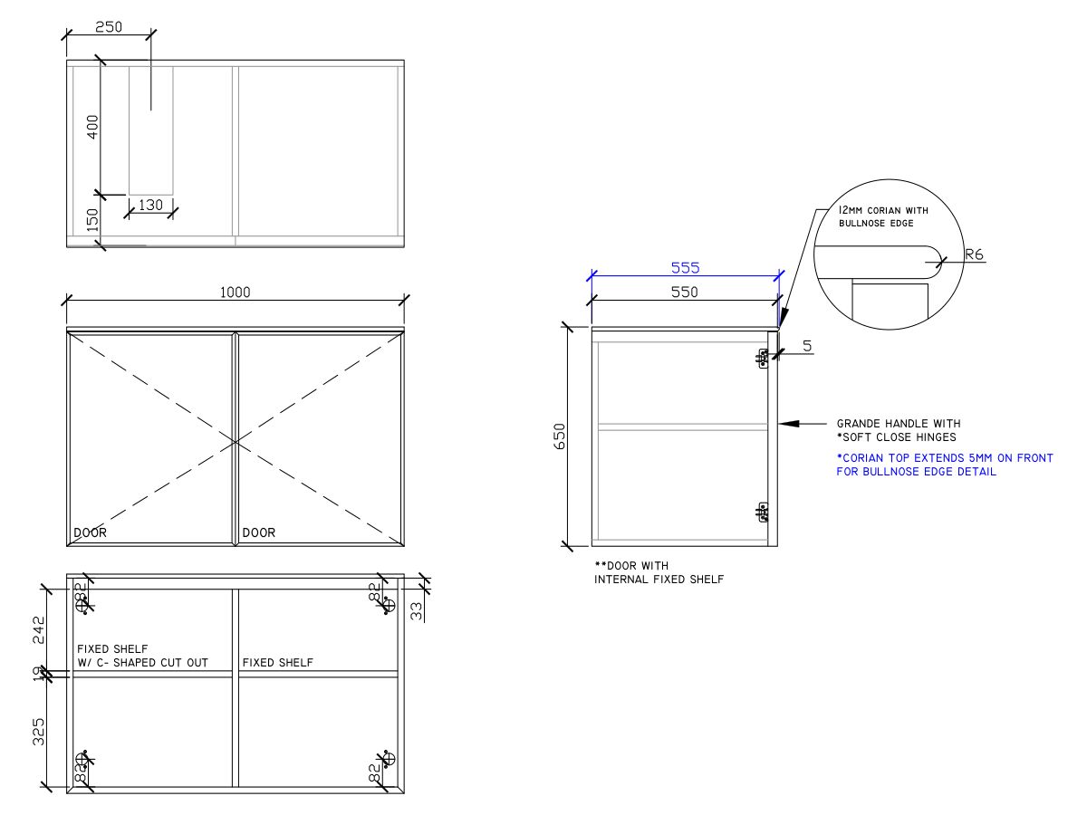 ISSY Adorn Undermount Wall Hung Vanity Unit with Two Doors & Internal Shelf with Grande Handle 1000mm x 550mm x 650mm OFFSET LEFT (OPENS BOTH SIDES)