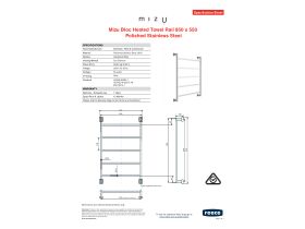 Specification Sheet - Mizu Bloc Heated Towel Rail 550mm x 850mm Polished Stainless Steel