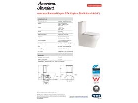 Specification Sheet - American Standard Cygnet Hygiene Rim Close Coupled Back to Wall Bottom Inlet Toilet Suite with Soft Close Quick Release Seat (4 Star)