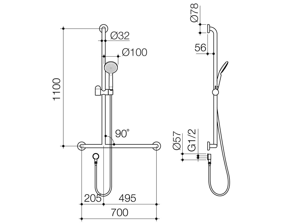 Caroma Care Support Shower Set Left Handed with Inverted T Rail (4 Star)