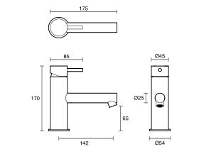 Technical Drawing - Scala Basin Mixer Tap with 130mm Outlet