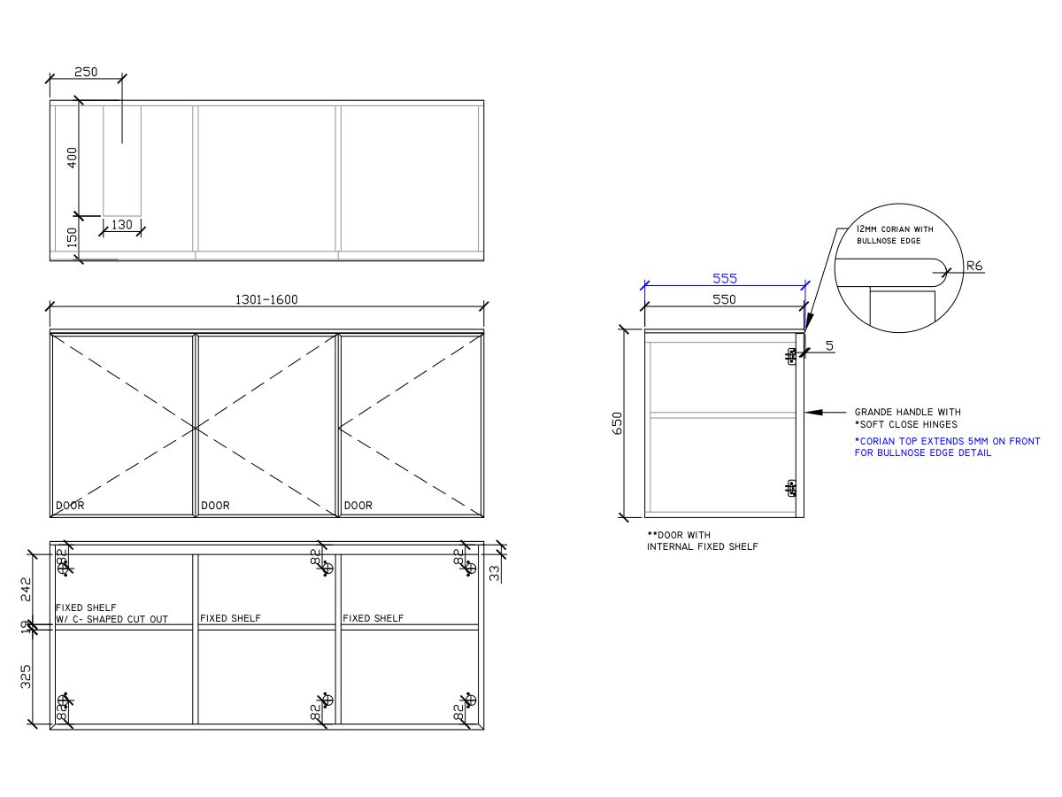 ISSY Adorn Undermount Wall Hung Vanity Unit with Three Doors & Internal Shelf with Grande Handle 1301-1600mm x 550mm x 650mm OFFSET LEFT (CENTRE RIGHT)