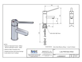 Specification Sheet - Luka Basin Mixer Tap with Extended Disabled Lever Chrome (6 Star)