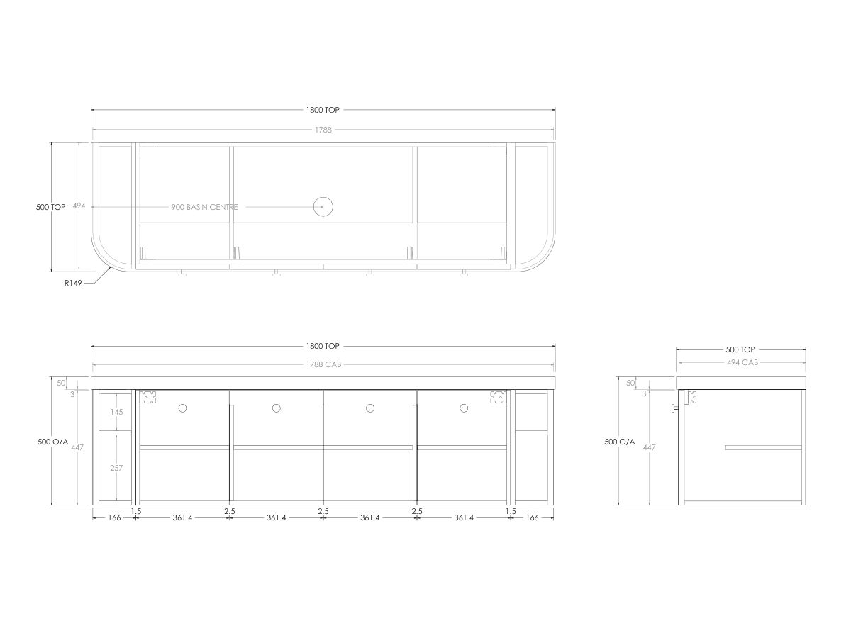 Kado Era 50mm Durasein Statement Top Double Curve All Door 1800mm Wall Hung Vanity with Center Basin