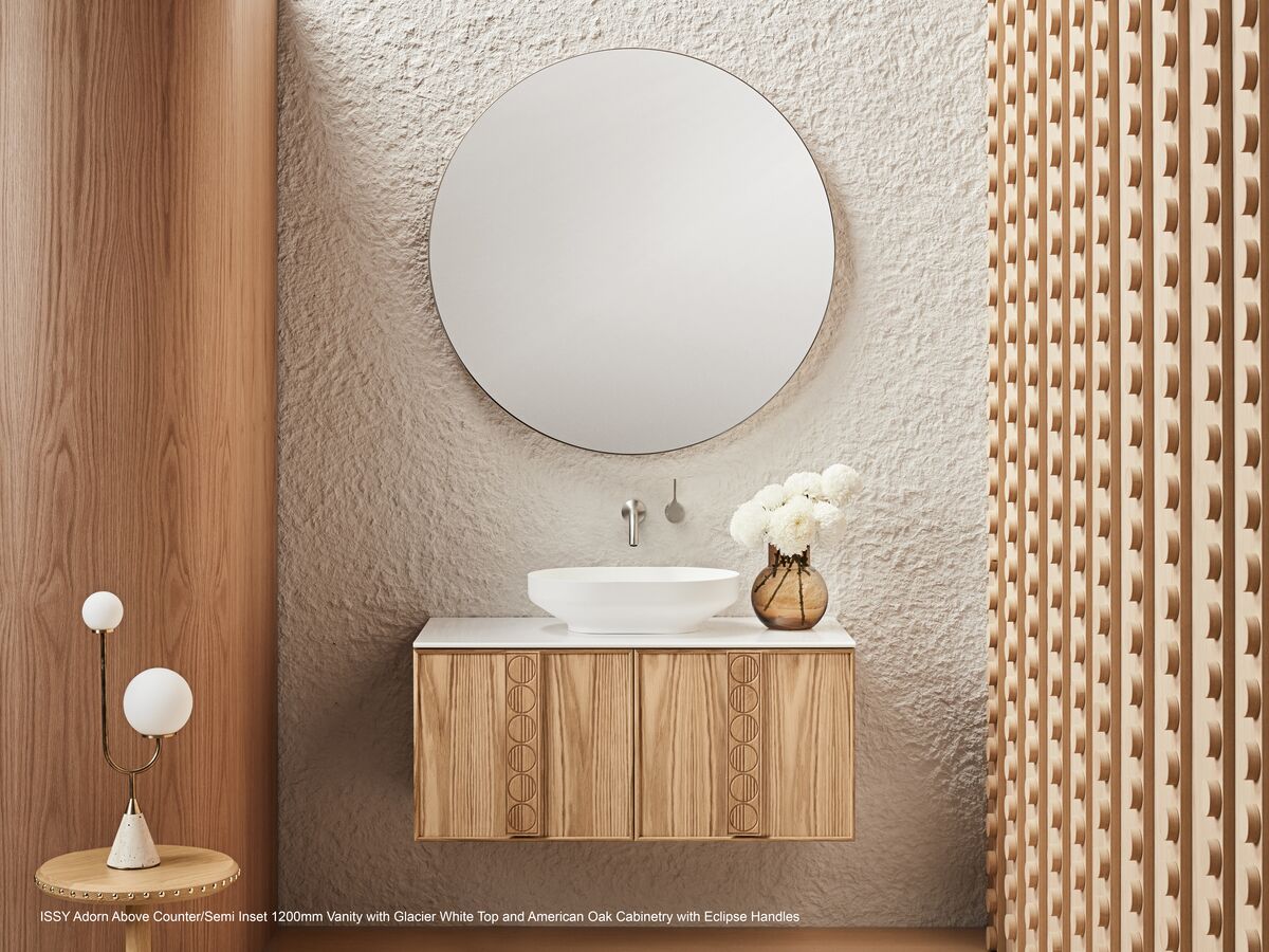 Adorn 1 vanity with Carrara Grace handle and Ballerina round mirror portrait side view close up - American Oak