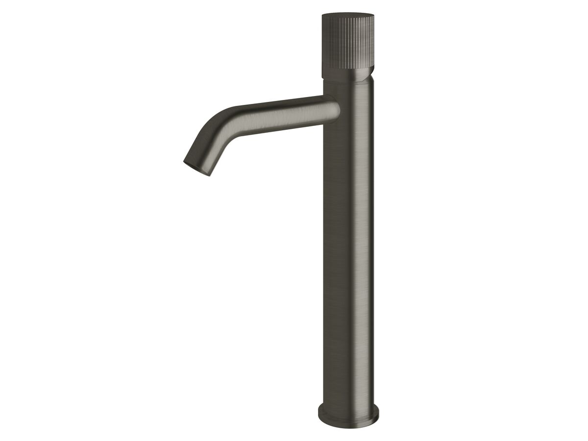 Milli Pure Extended Basin Mixer Tap Curved Spout with Linear Textured Handle Gunmetal (5 Star)