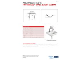 Technical Guide - Portman 21 Wall Basin with Fixing Bolts 500mm 2 Taphole White