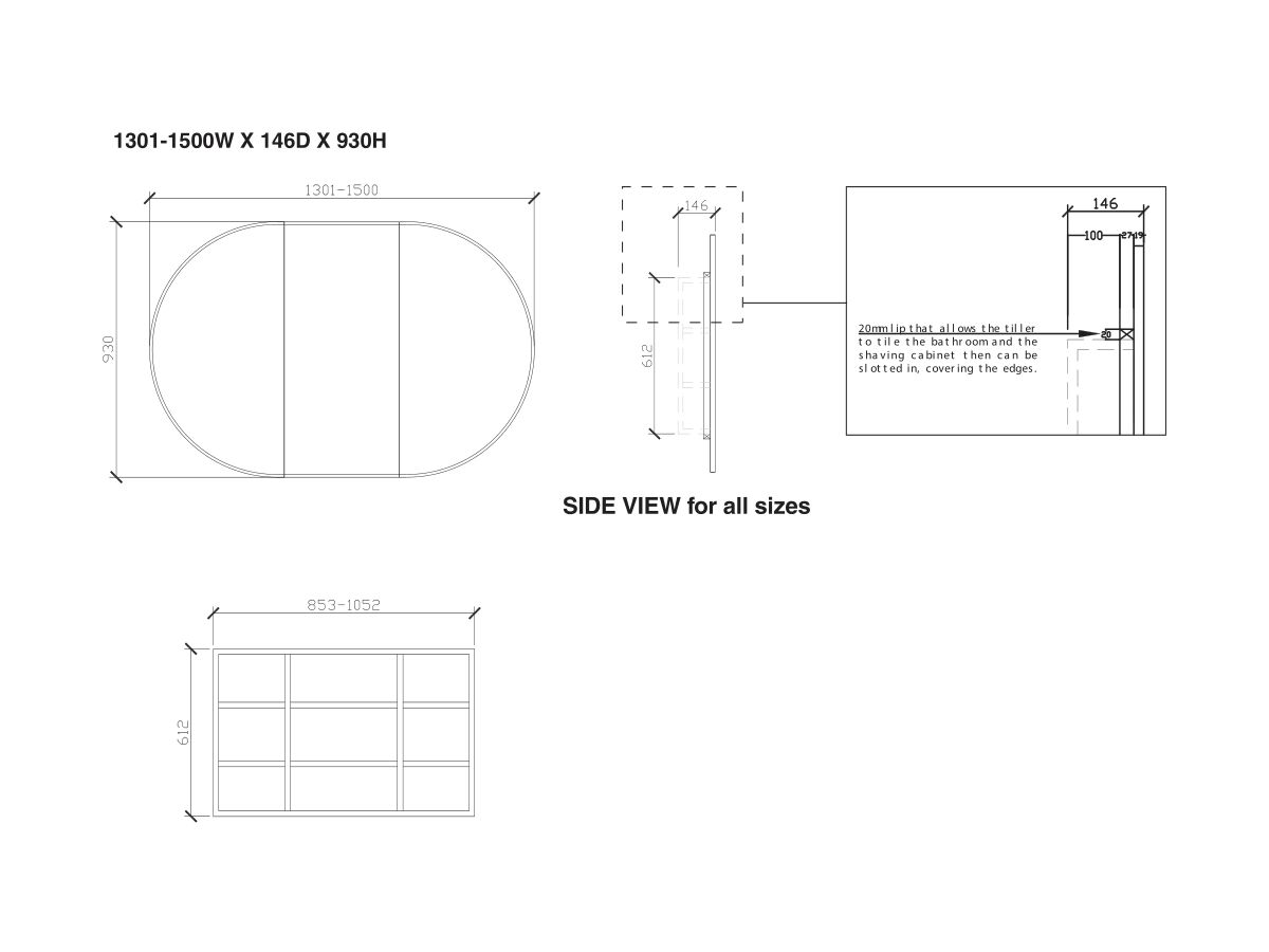 ISSY Halo 1301-1500 x 930mm Rounded Triple Mirror with Shaving Cabinet (Recessed)