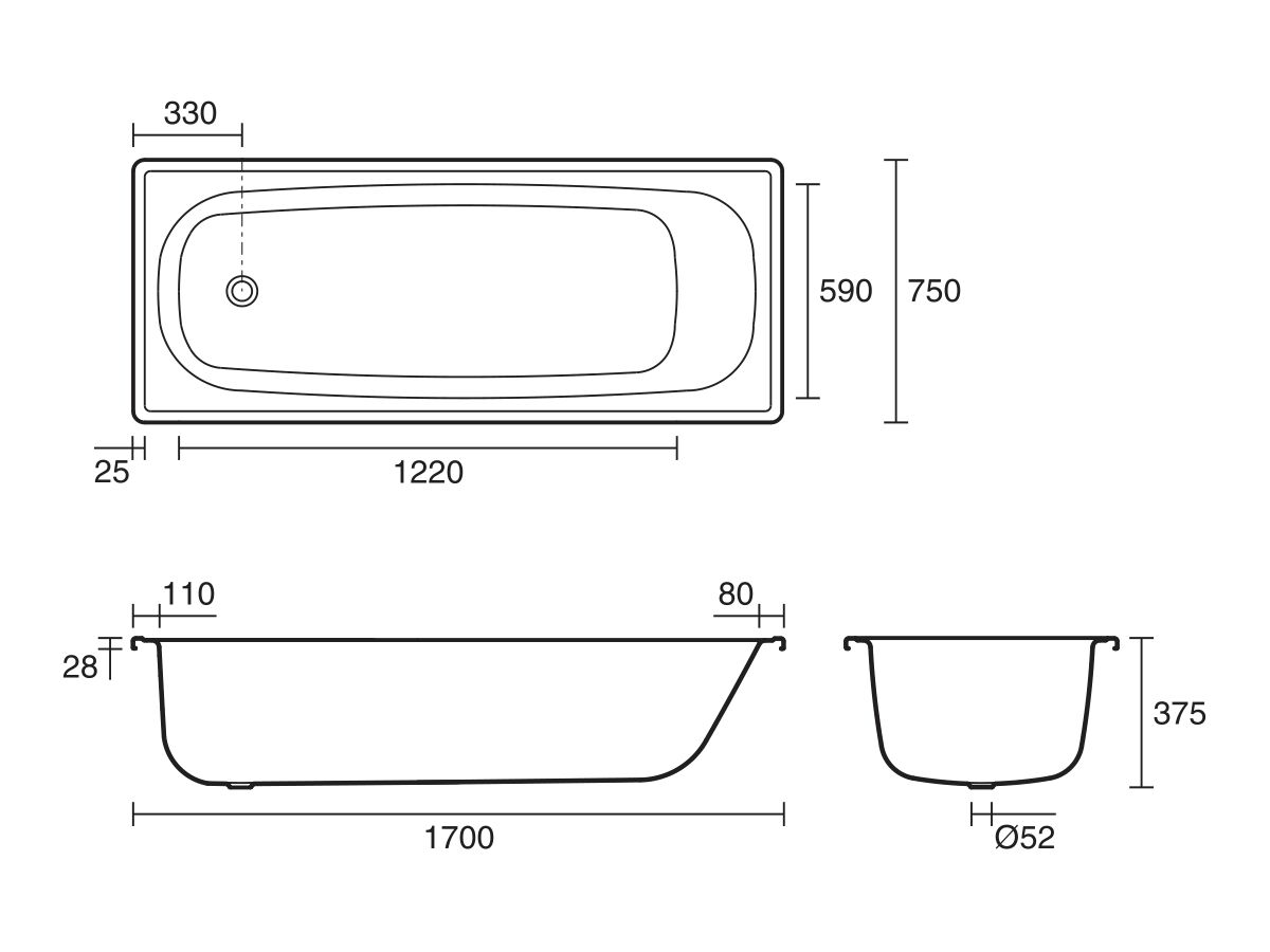 Base Pressed Steel Bath 1700 x 750mm White from Reece