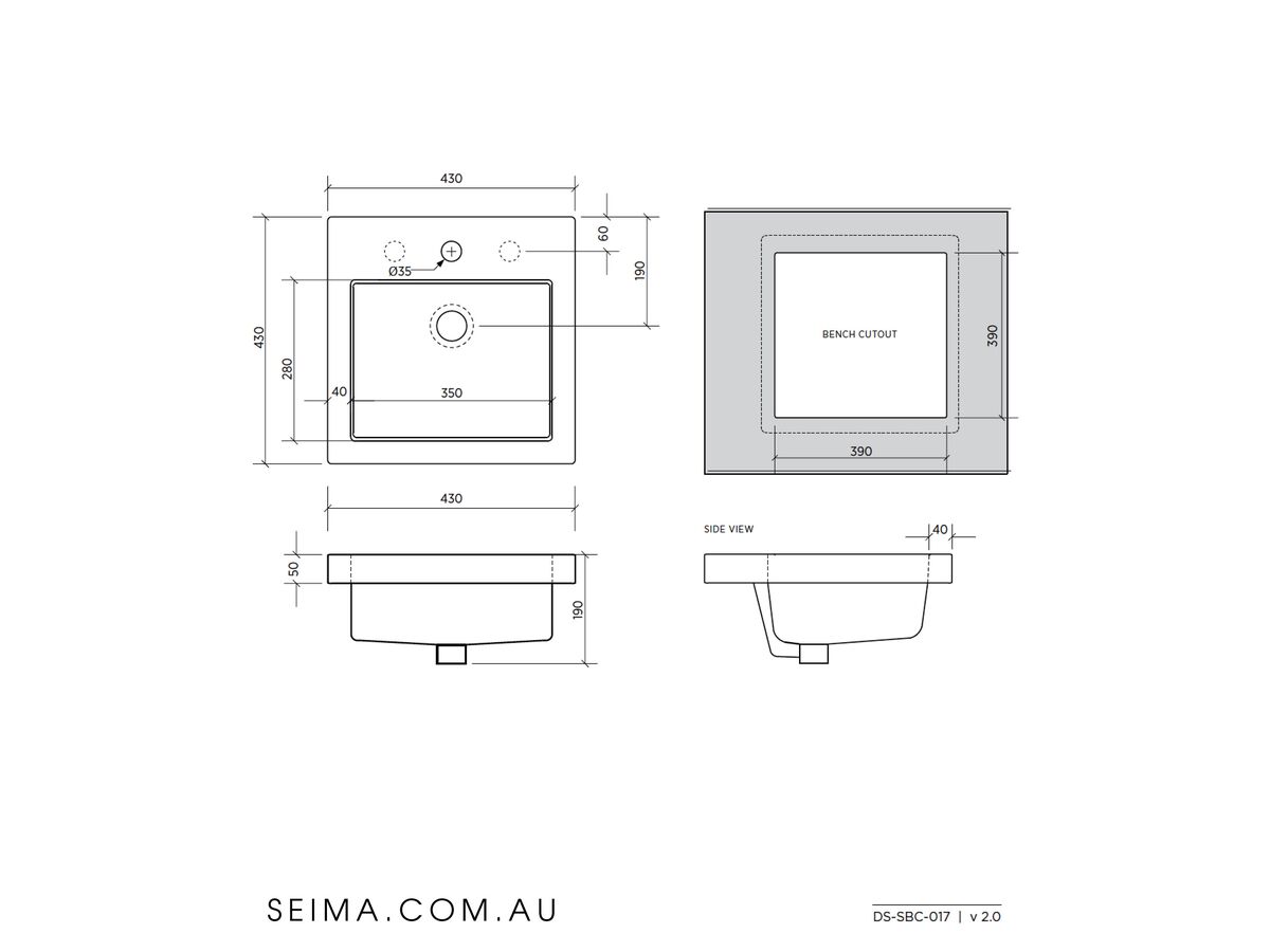 Seima Kyra Square Above Counter Inset 1 Taphole Basin