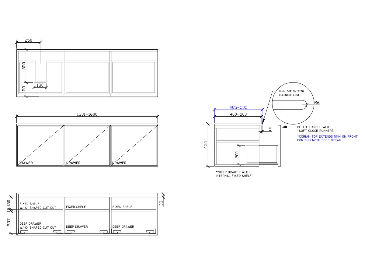ISSY Adorn Above Counter / Semi Inset Wall Hung Vanity Unit with Three Drawers & Internal Shelves with Petite Handle 1301-1600mm x 400-500mm x 450mm OFFSET LEFT
