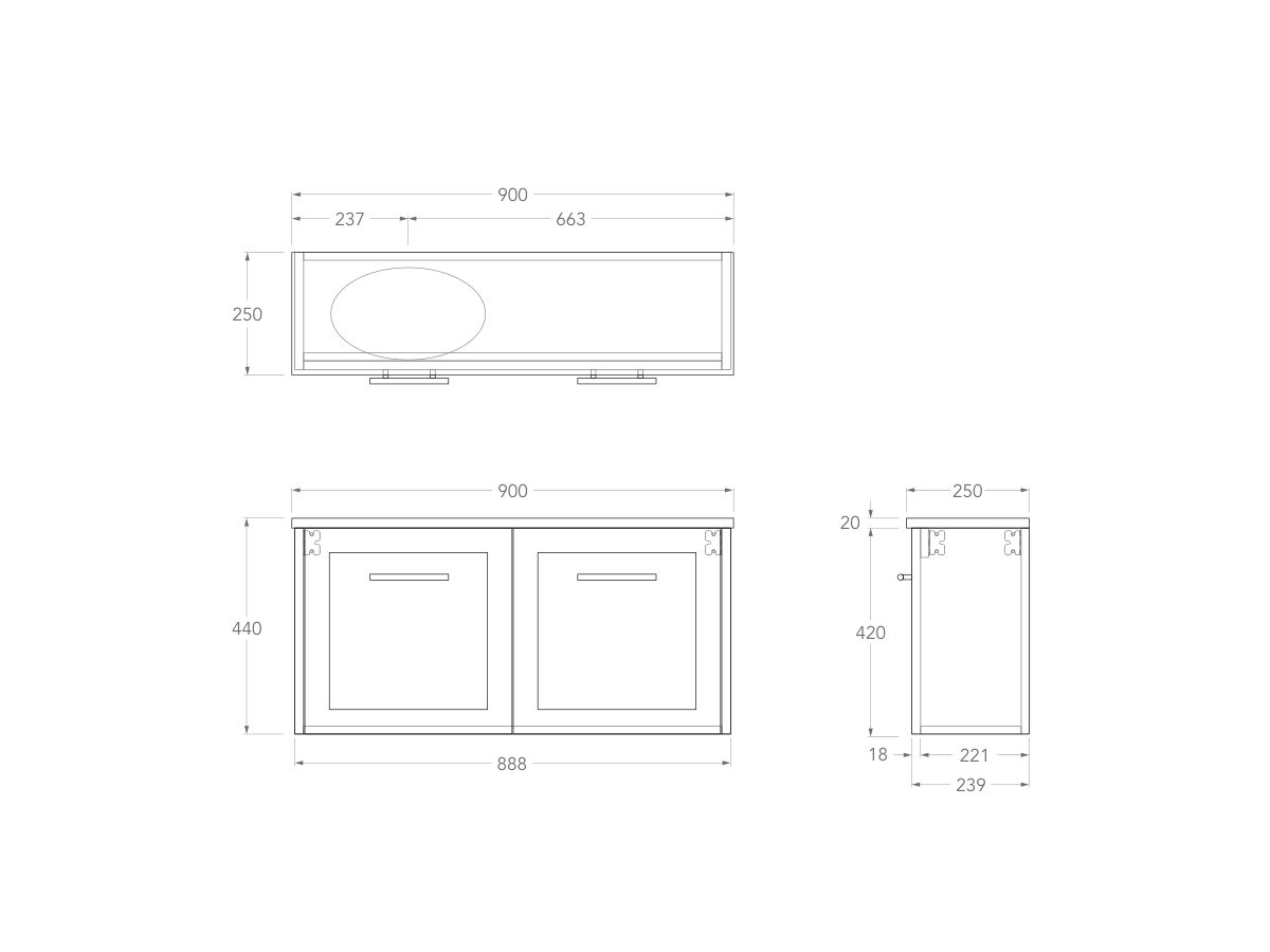 Technical Drawing - Kado Lux Petite 900mm Wall Hung Vanity Left Hand Basin 20mm Top