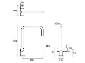 Technical Drawing - Scala Mini Sink Mixer Tap Large Square Right Hand