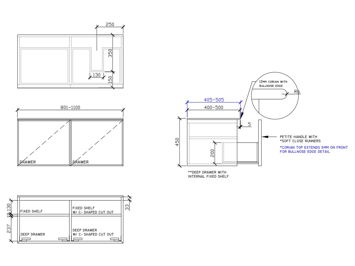 ISSY Adorn Above Counter / Semi Inset Wall Hung Vanity Unit with Two Drawers & Internal Shelves with Petite Handle 801-1100mm x 400-500mm x 450mm OFFSET RIGHT