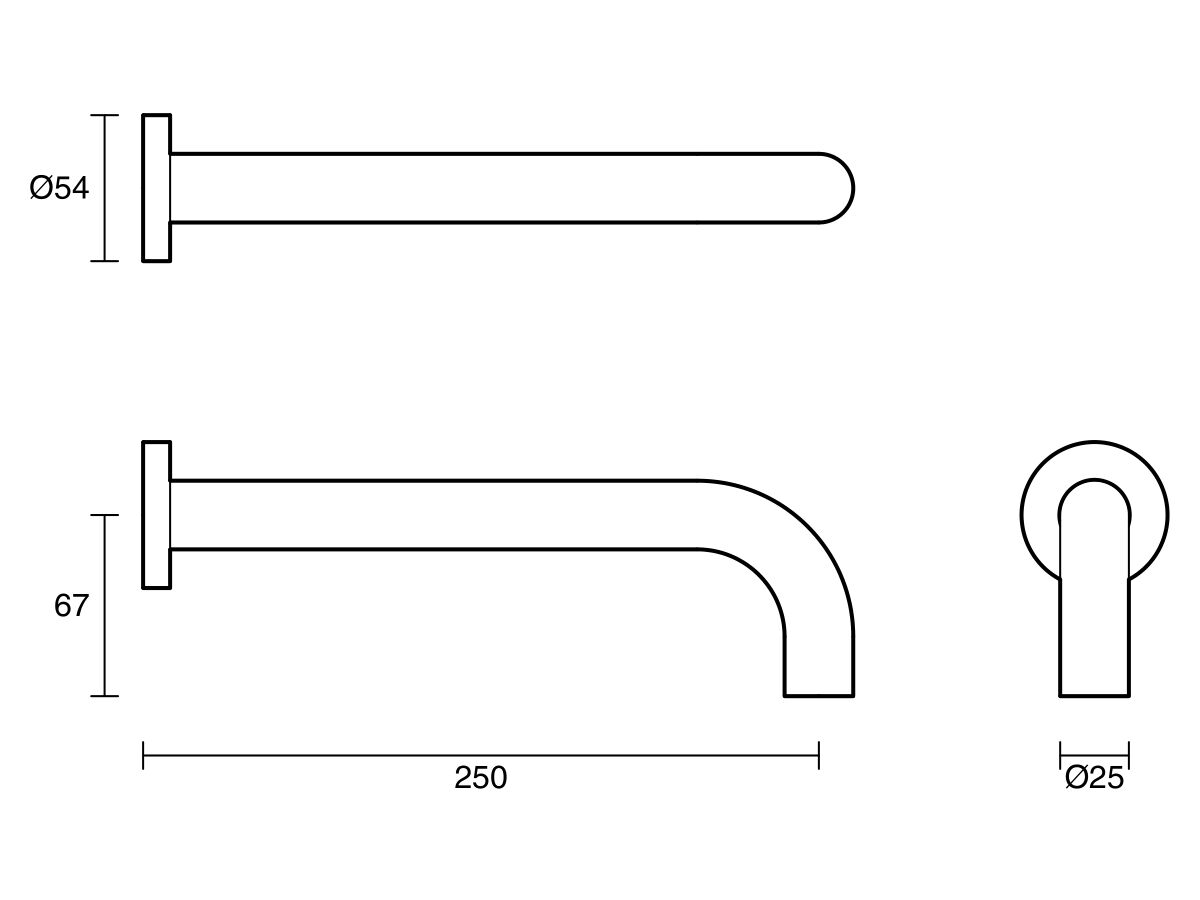 Technical Drawing - Scala 25mm Curved Bath Outlet 250mm