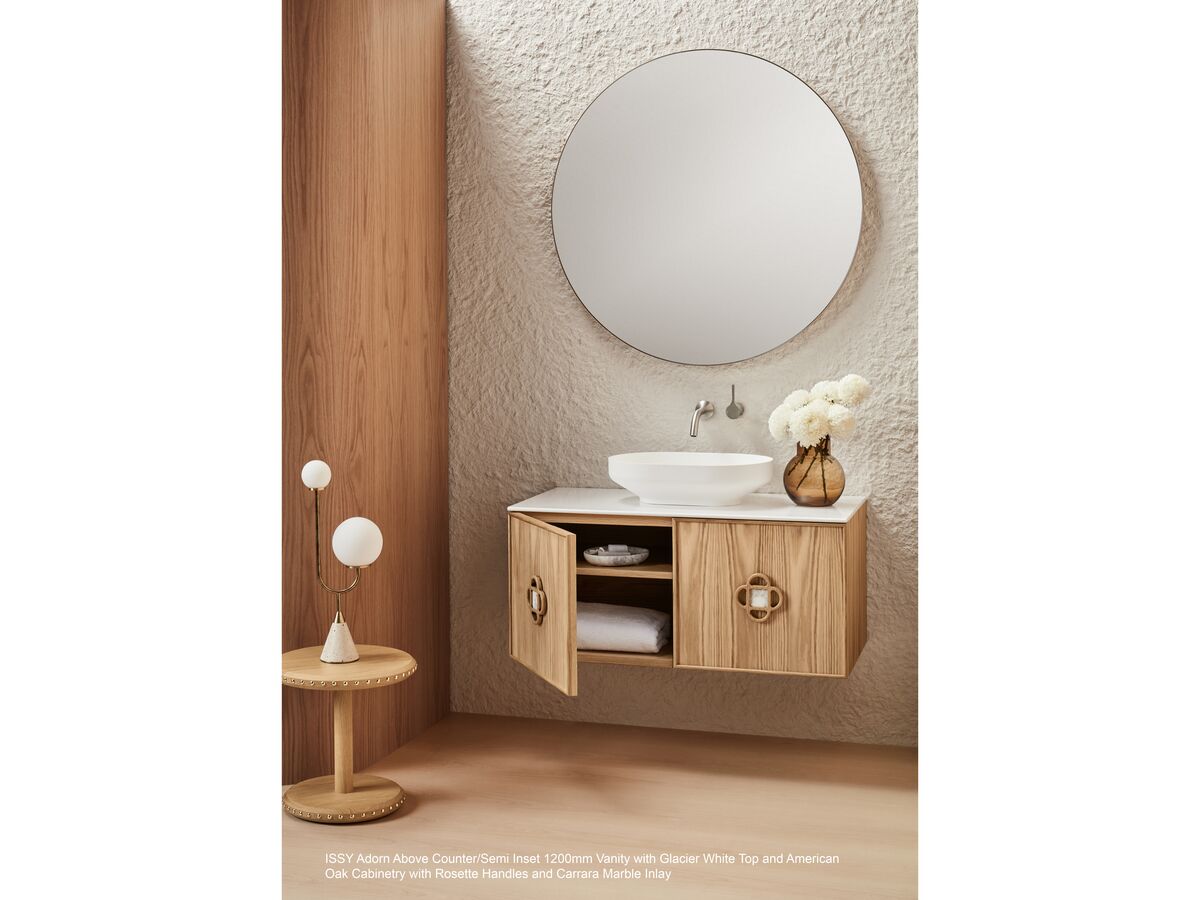 Adorn 1 vanity with Tulip handle and Ballerina round mirror landscape - American Oak