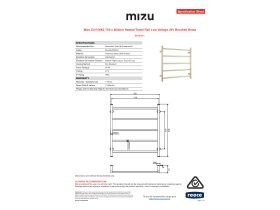 Specification Sheet - Mizu Drift MK2 750 x 800mm Heated Towel Rail Low Voltage 24V Brushed Brass