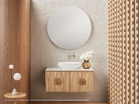 Adorn 1 vanity with Carrara Rosette handle and Ballerina round mirror portrait side view door open - American Oak