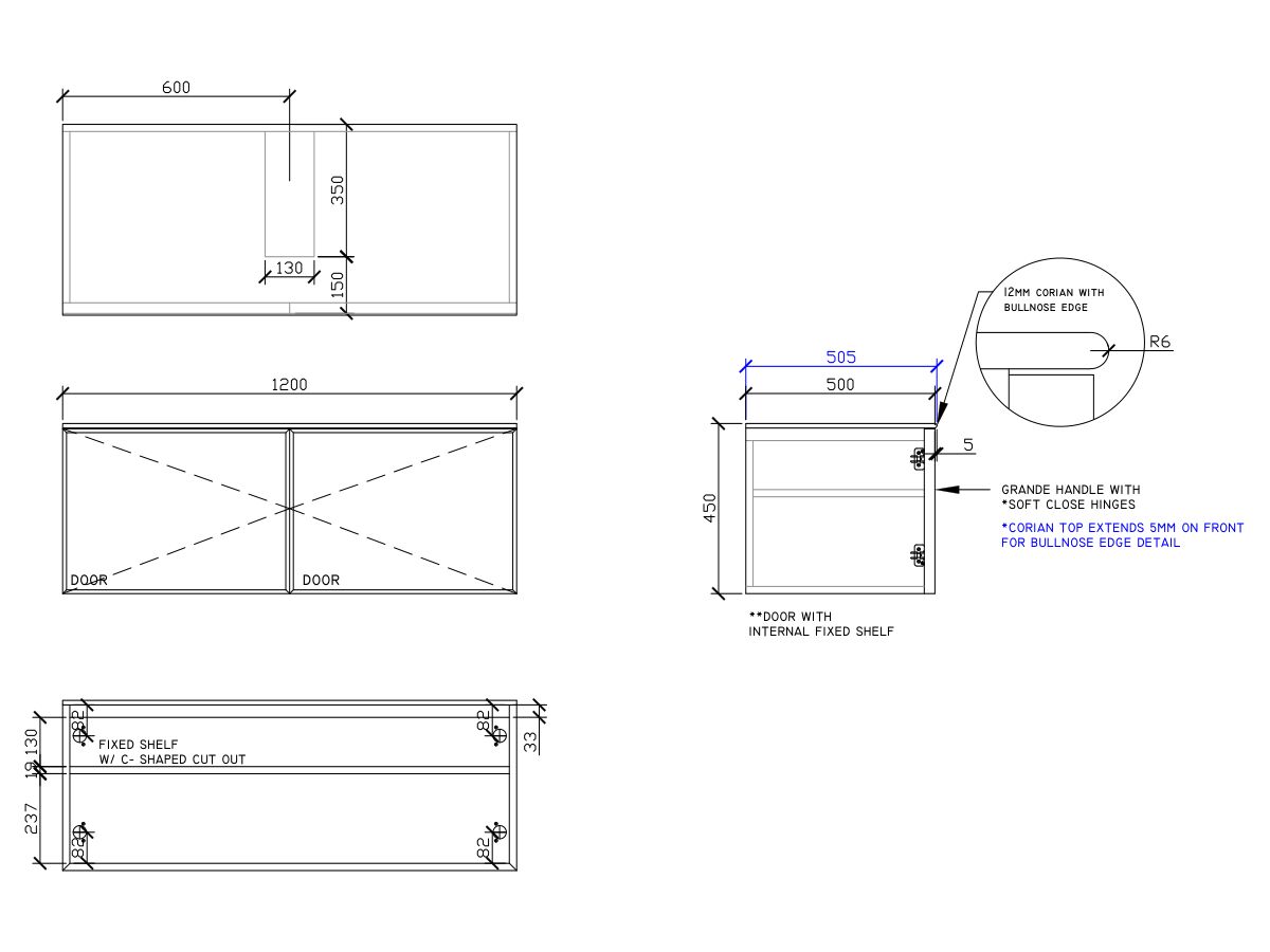 ISSY Adorn Above Counter / Semi Inset Wall Hung Vanity Unit with Two Doors & Internal Shelves with Grande Handle 1200mm x 500mm x 450mm CENTERED (OPENS BOTH SIDES)