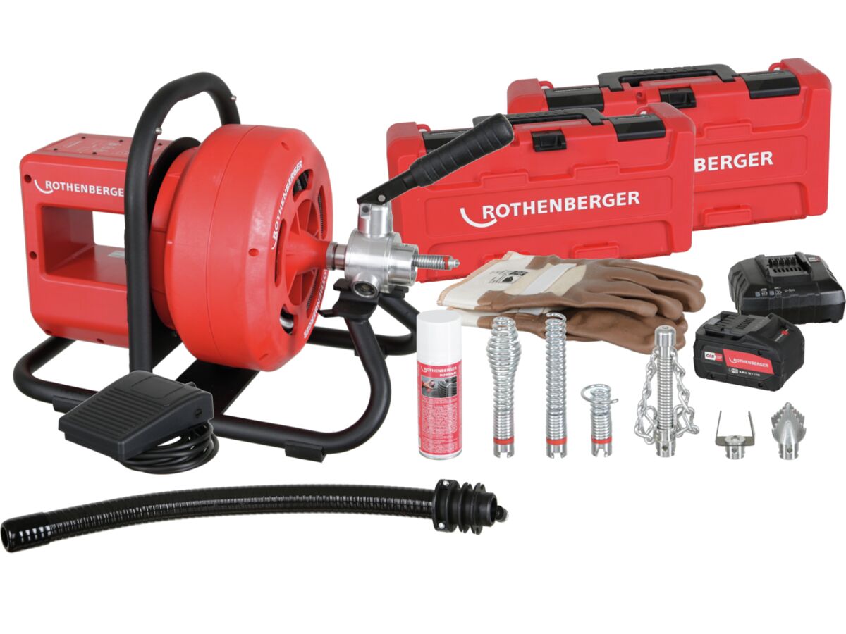 Rothenberger Battery Rodrum CL Drain Cleaner Set (includes (spiral, toolset, 8AH battery & charger)
