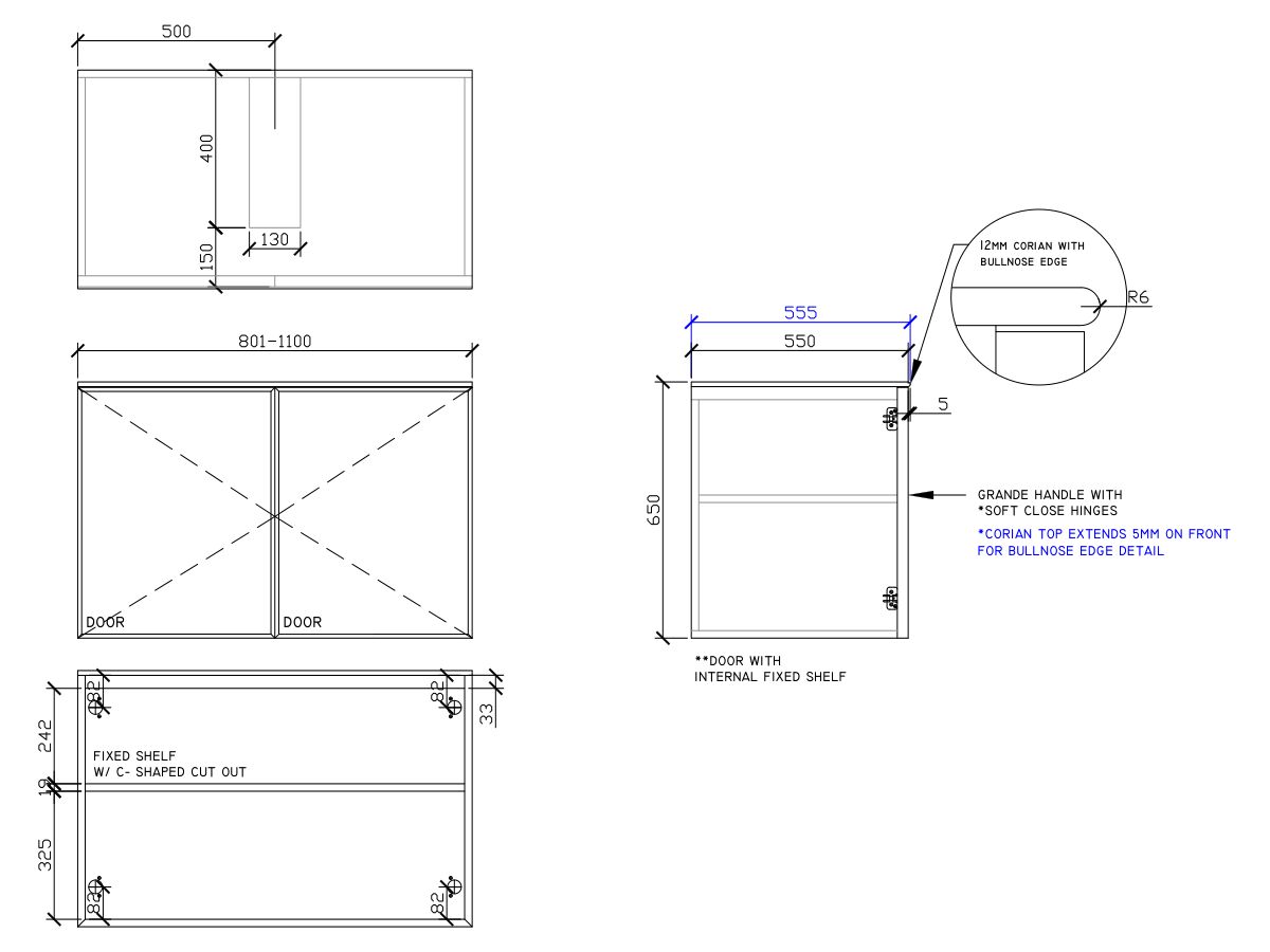 ISSY Adorn Undermount Wall Hung Vanity Unit with Two Doors & Internal Shelf with Grande Handle 801-1100mm x 550mm x 650mm CENTERED (OPENS BOTH SIDES)