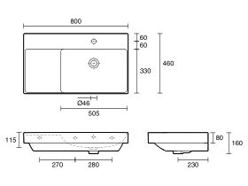 Technical Drawing - Roca Ona Wall Hung Basin 800mm x 460mm 1 Taphole with Left Hand Shelf Overflow White