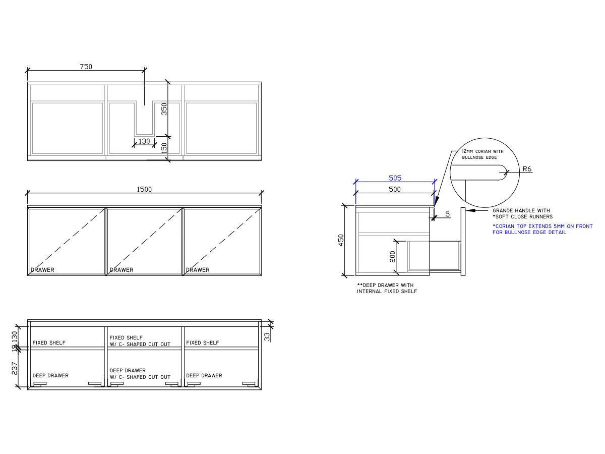 ISSY Adorn Above Counter / Semi Inset Wall Hung Vanity Unit with Three Drawers & Internal Shelves with Grande Handle 1500mm x 500mm x 450mm CENTERED