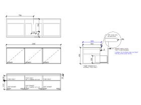 Technical Drawing - ISSY Adorn Above Counter / Semi Inset Wall Hung Vanity Unit with Three Drawers & Internal Shelves with Grande Handle 1500mm x 500mm x 450mm CENTERED