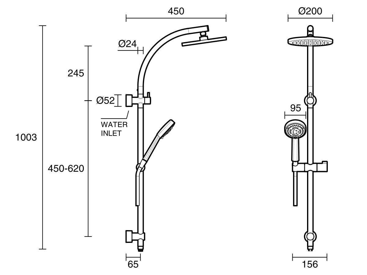 Nikles Fresh Twin Rail Shower 200mm Handpiece with Top Rail Water Inlet Chrome (3 Star) from Reece