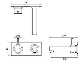 Technical Drawing - Scala Straight Wall Basin Mixer Tap System Left Hand Mixer Tap 160mm Outlet