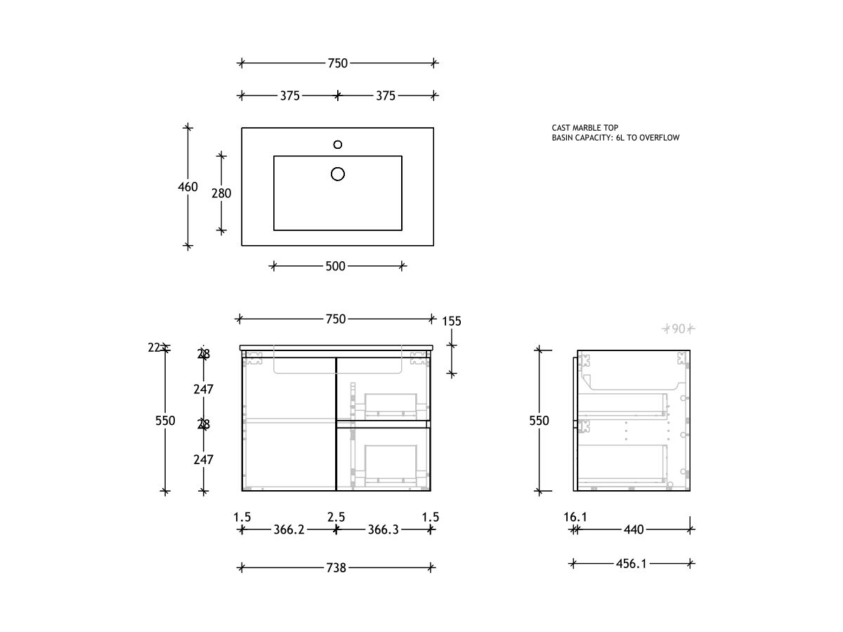 Posh Domaine Conventional 750mm Wall Hung Vanity Cast Marble Centre