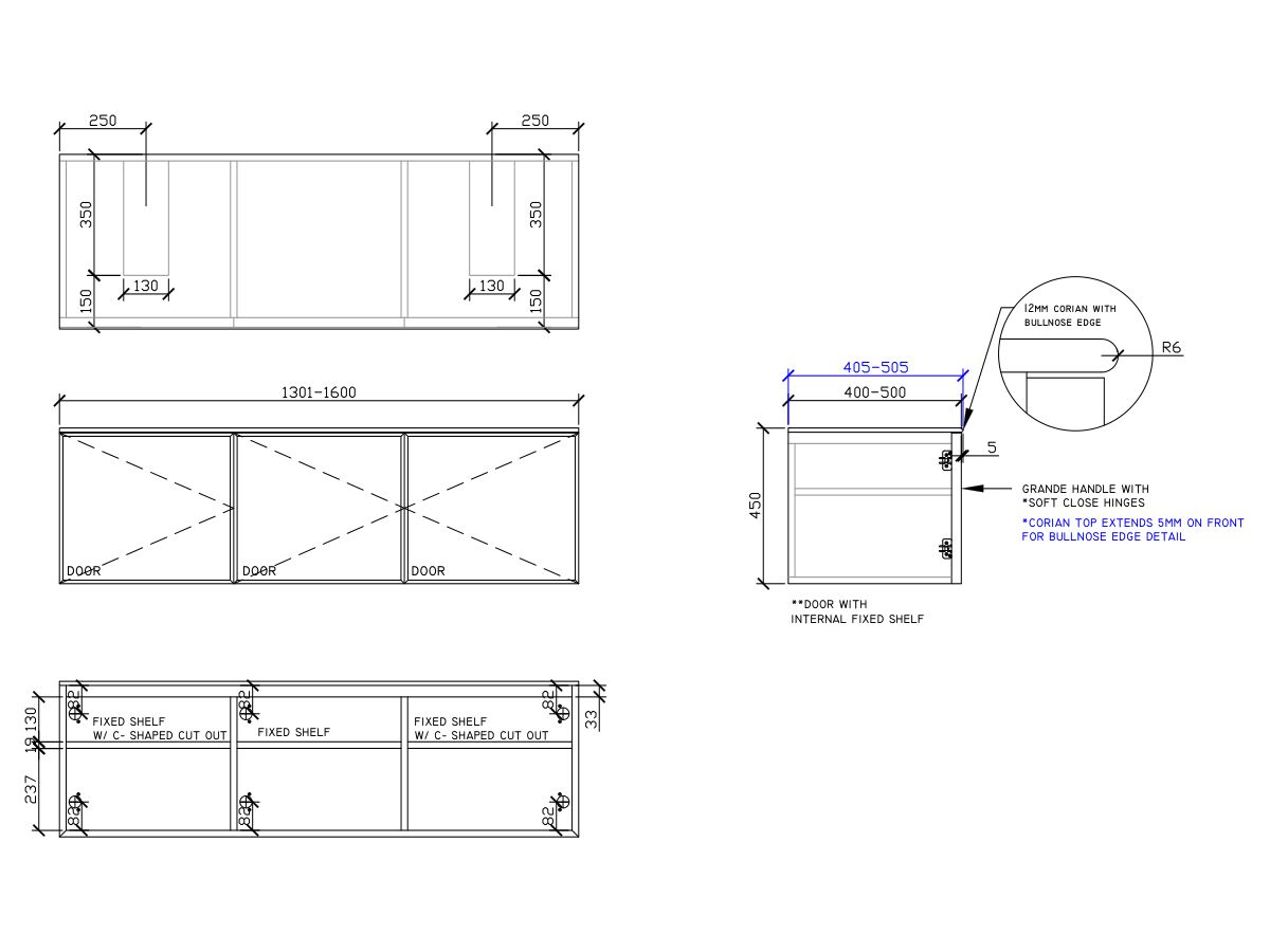 ISSY Adorn Above Counter / Semi Inset Wall Hung Vanity Unit with Three Doors & Internal Shelf with Grande Handle 1301-1600mm x 400-500mm x 450mm DOUBLE BASIN (CENTRE LEFT)