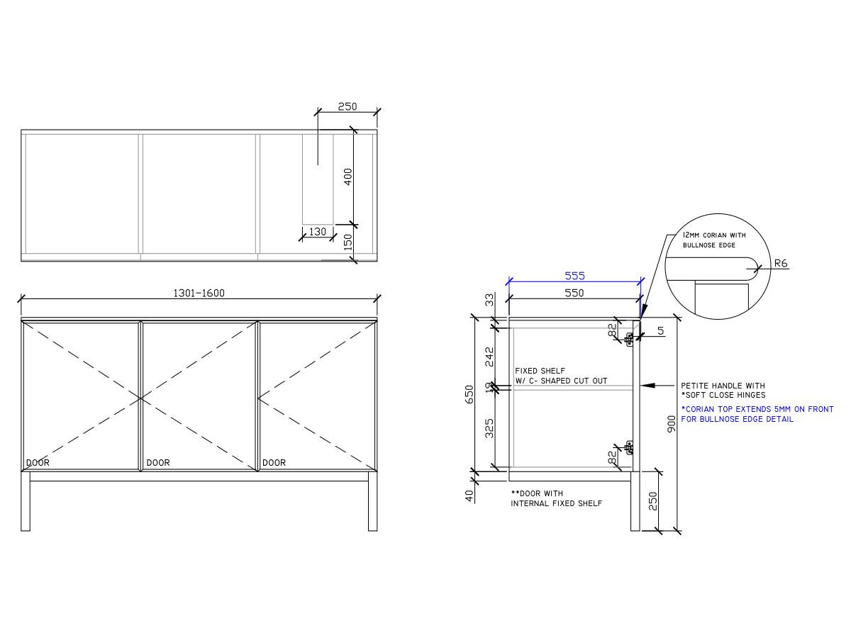ISSY Adorn Undermount Vanity Unit with Legs Three Doors & Internal Shelves with Petite Handle 1301-1600mm x 550mm x 900mm OFFSET RIGHT (CENTRE RIGHT)