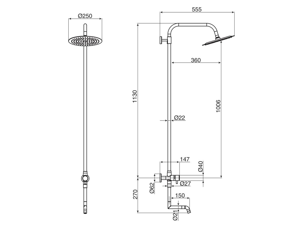 Milli Inox Overhead Single Rail Shower with Foot Wash with Bottom Rail