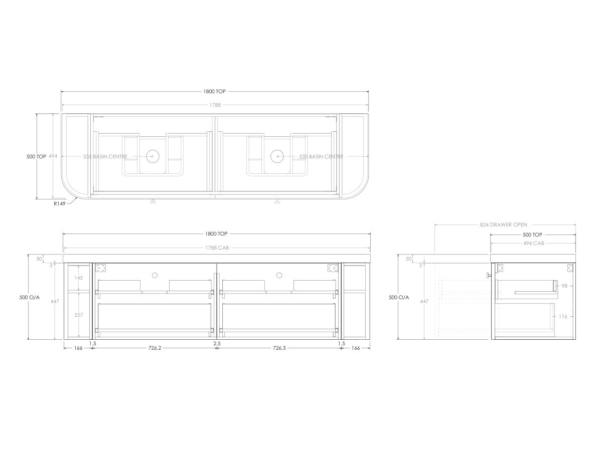 Kado Era 50mm Durasein Statement Top Double Curve All Drawer 1800mm Wall Hung Vanity with Double Basin