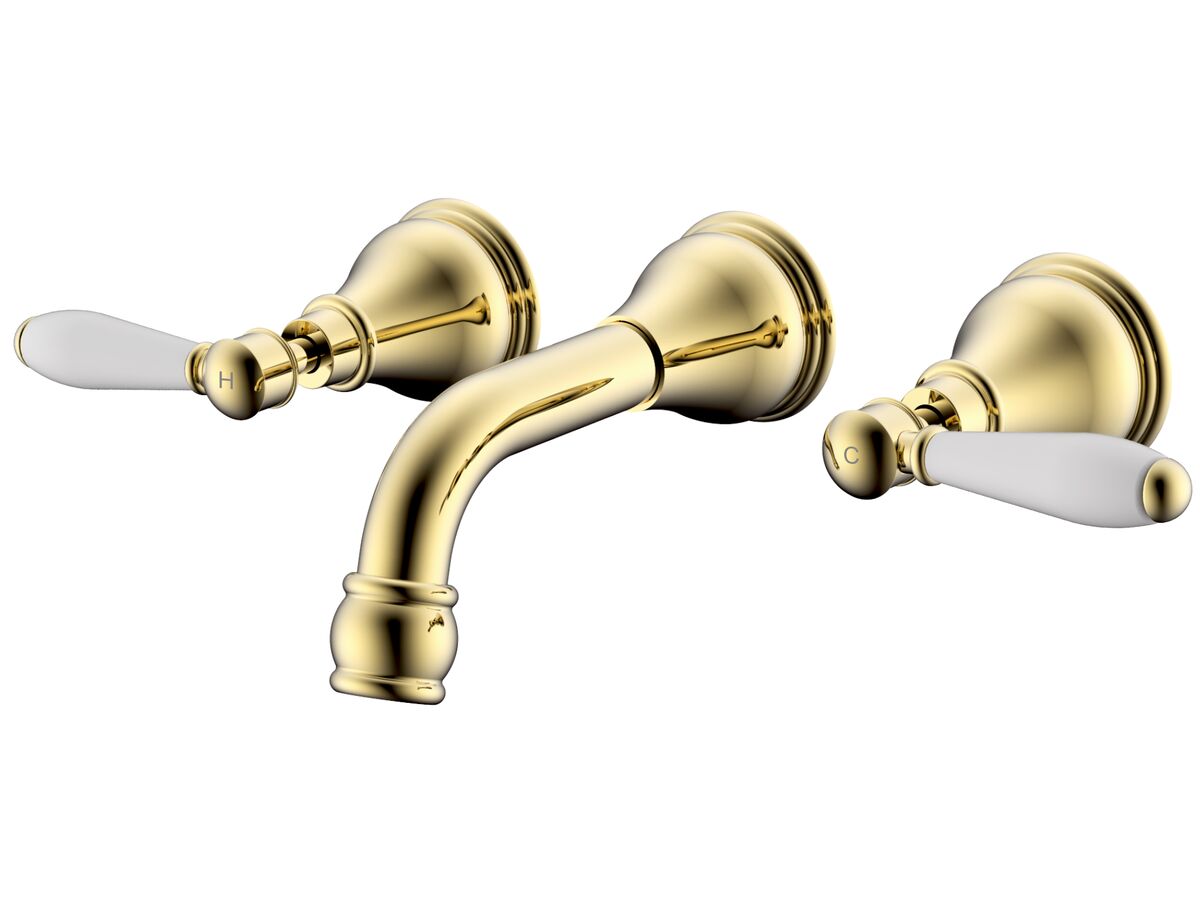 Milli Voir Wall Basin Set Lever Handle 150mm with Porcelain Handles Brass Gold (5 Star)