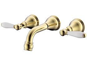 Milli Voir Wall Basin Set Lever Handle 150mm with Porcelain Handles Brass Gold (5 Star)