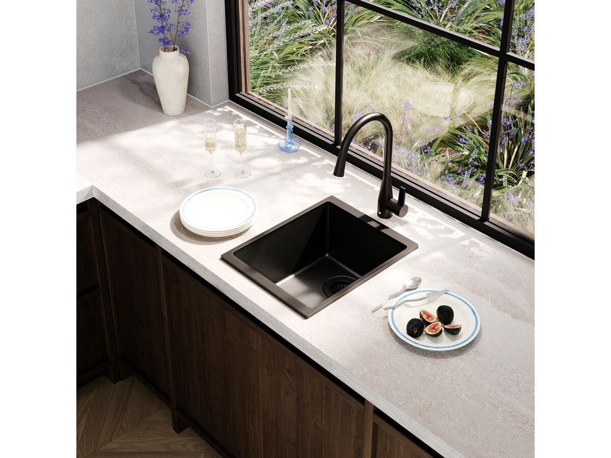 Memo Freya Compact Single Bowl Sink No Taphole Granite Black