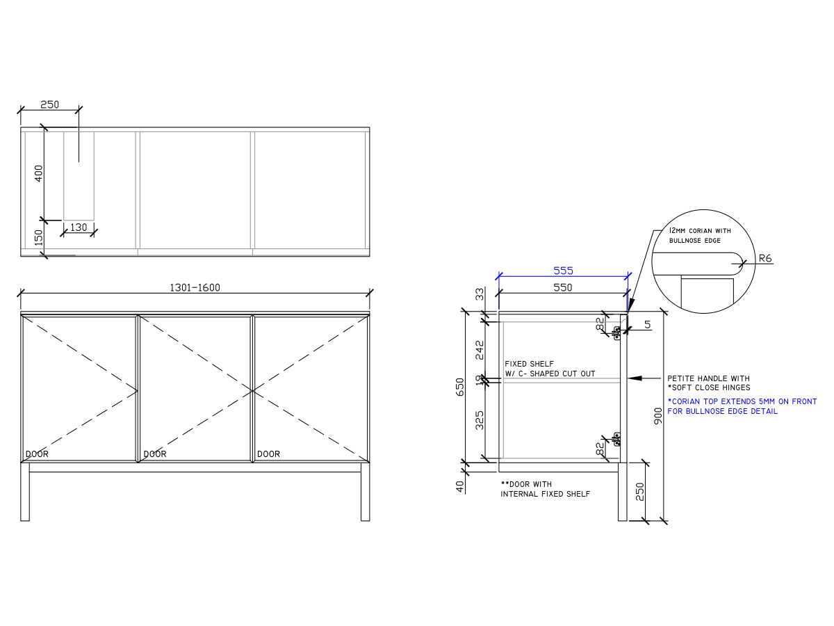 ISSY Adorn Undermount Vanity Unit with Legs Three Doors & Internal Shelves with Petite Handle 1301-1600mm x 550mm x 900mm OFFSET LEFT (CENTRE LEFT)