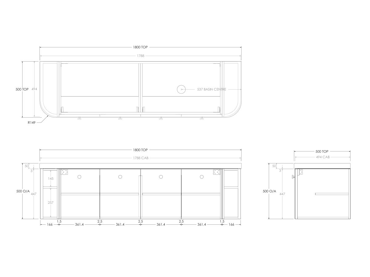 Kado Era 50mm Durasein Statement Top Double Curve All Door 1800mm Wall Hung Vanity with Right Hand Basin