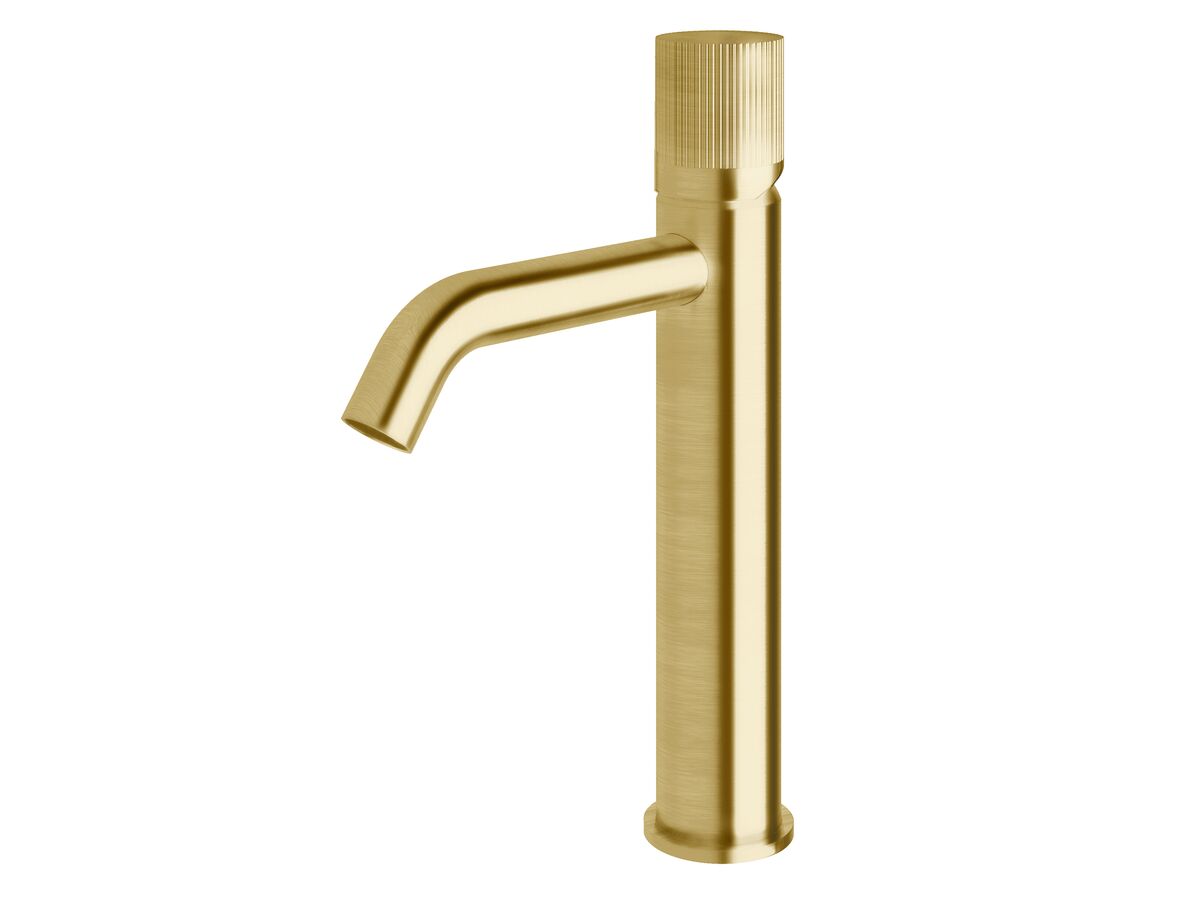 Milli Pure Medium Height Basin Mixer Tap Curved Spout with Linear Textured Handle PVD Brushed Gold (5 Star)