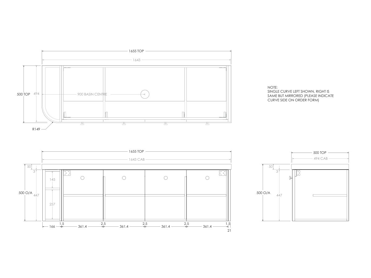 Kado Era 50mm Durasein Statement Top Single Curve All Door 1650mm Wall Hung Vanity with Center Basin