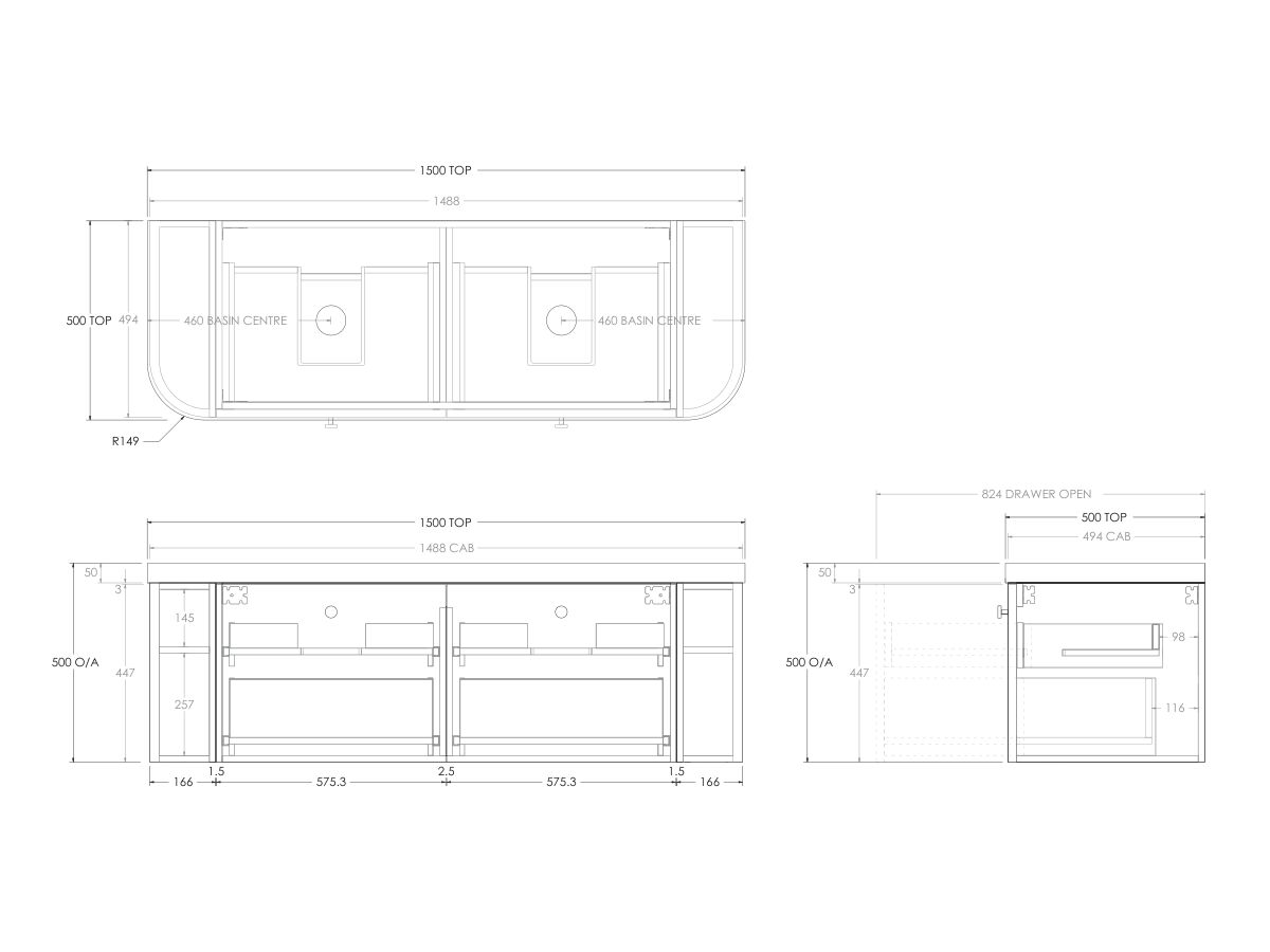 Kado Era 50mm Durasein Statement Top Double Curve All Drawer 1500mm Wall Hung Vanity with Double Basin