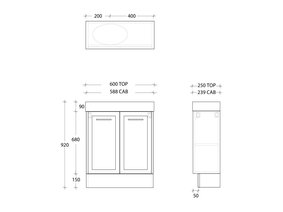 Kado Lux Petite Vanity Unit Floor Mount 600 Left & Right Bowl Statement Top (Basin Included)