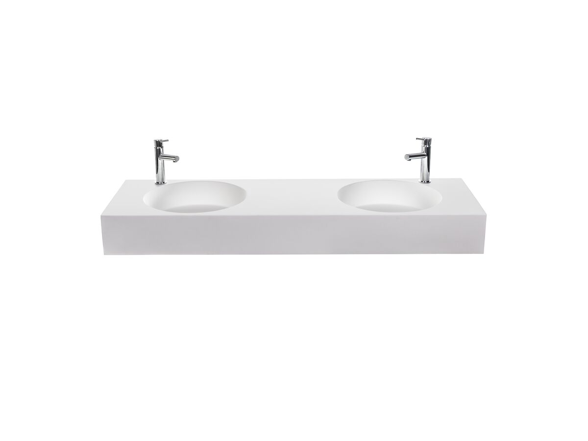 Omvivo Neo Solid Surface Wall Basin Double Bowl 2 Taphole 1400mm White
